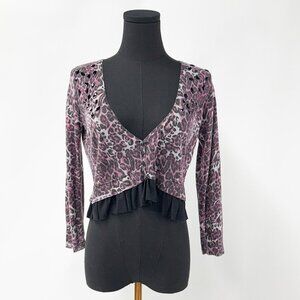 BEBE BRAND LEOPARD PRINT RUFFLE CARDIGAN WITH BUTTONS